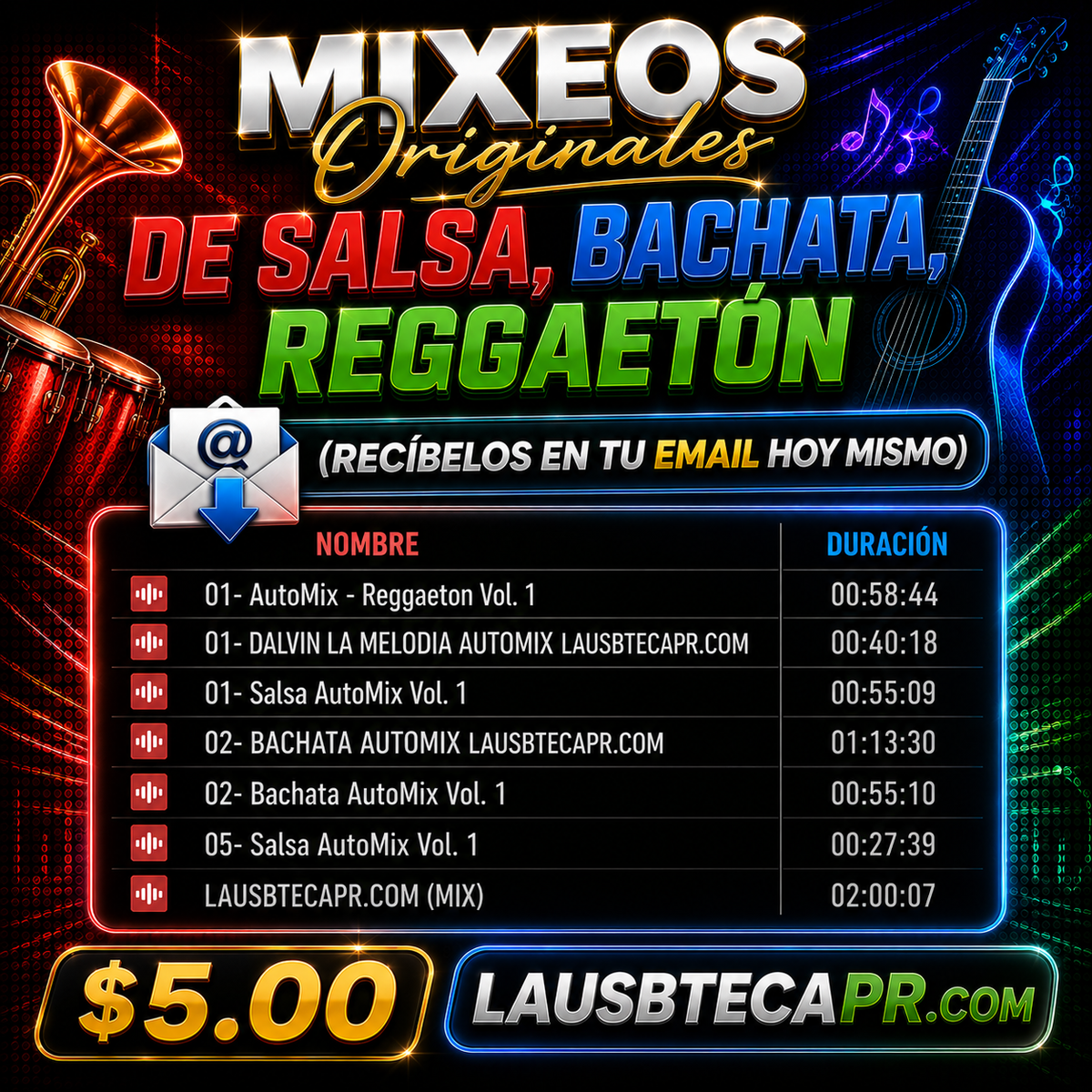 Mixeos Originales de Salsa, Bachata, Reggaetón (Para escuchar y descargar en tu Celular y PC) Recíbelos en tu email