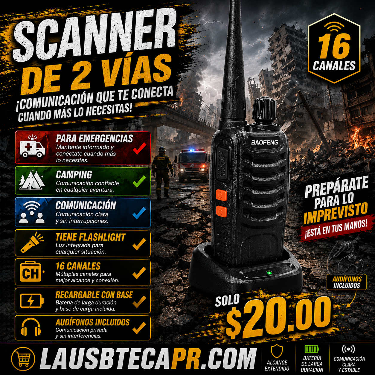 Scanner (2 Vías) con (16 Canales) Para Emergencia, Camping, Comunicación (Recargable)