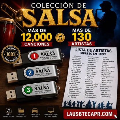 #12- (3 Pendrive) Colección de Salsa (Mas de 12,000 canciones) (Mas de 130 Artistas) (Lista de Artistas Imprimido en Papel) (Se envía en una caja)