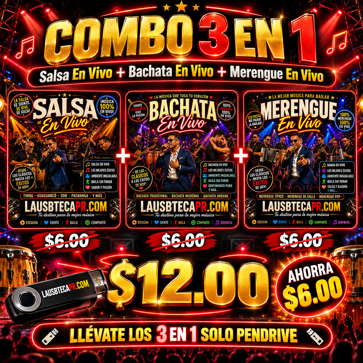 (Combo 3 en 1) Salsa / Bachata / Merengue (En Vivo)
