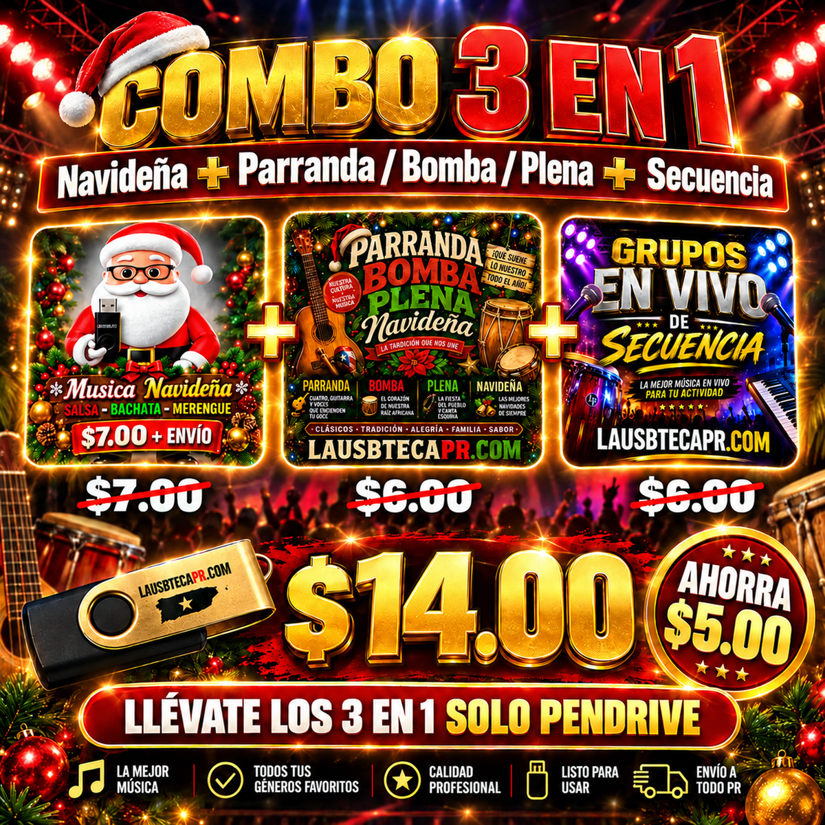 (Combo 3 En 1) Navideña / Parranda / Bomba / Plena / Secuencia
